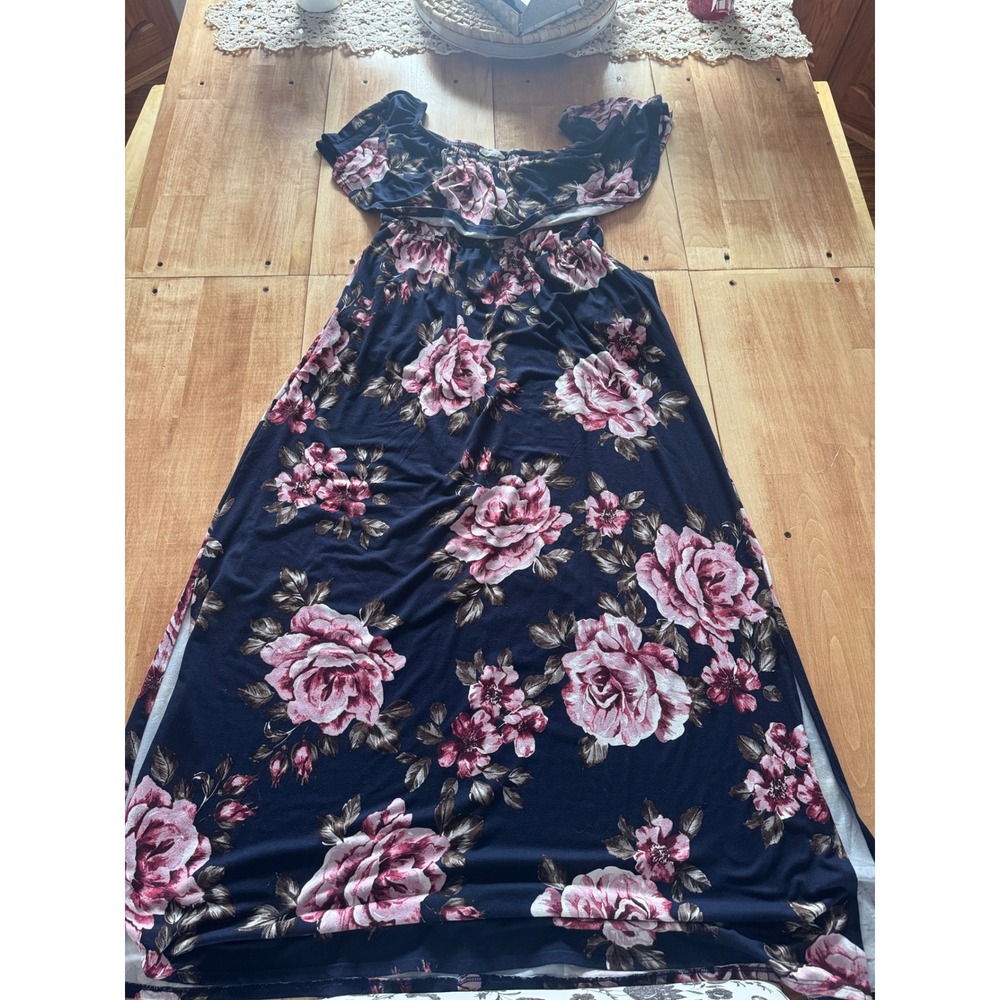 Cotton Bleu Navy Floral Print Off The Shoulder Maxi Dress Ruffle Top